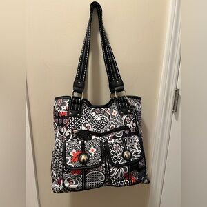 Tyler Rodan Black, White & Red Floral Geometric Boho Shoulder Bag Eclectic Artsy